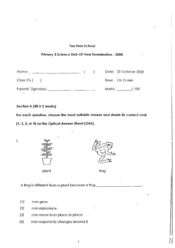 Tao Nan P3 Sci SA2 2008 exam paper PDF first page preview