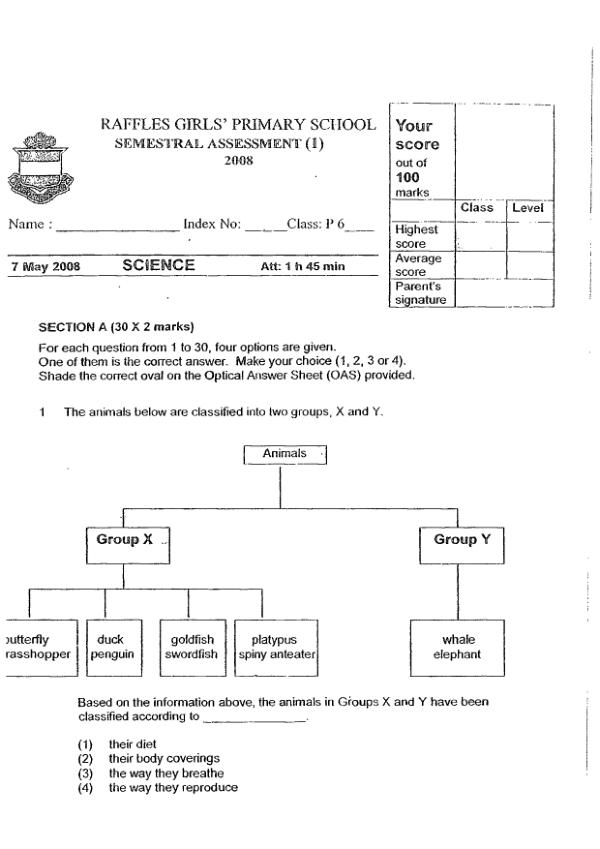 Raffles Girls P6 Sci WA2 2008 exam paper PDF first page preview