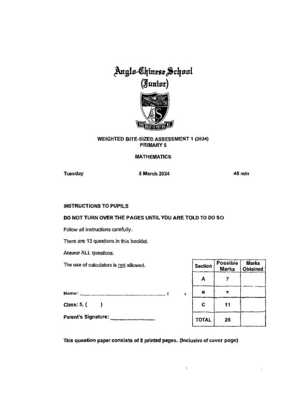 First page preview of P5 Math 2024 WA1 — Anglo Chinese