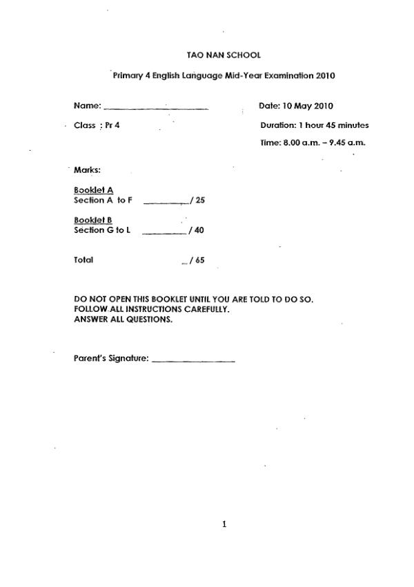 Tao Nan P4 Eng WA2 2010 exam paper PDF preview