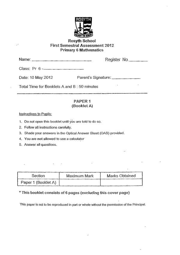 Rosyth P6 Math WA2 2012 exam paper PDF preview