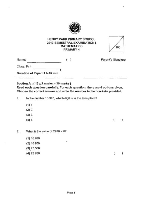 Henry Park P4 Math WA2 2013 exam paper PDF preview