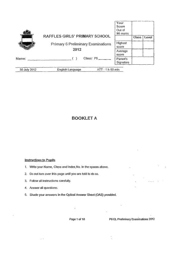 Raffles Girls P6 Eng SA2 2012 exam paper PDF preview