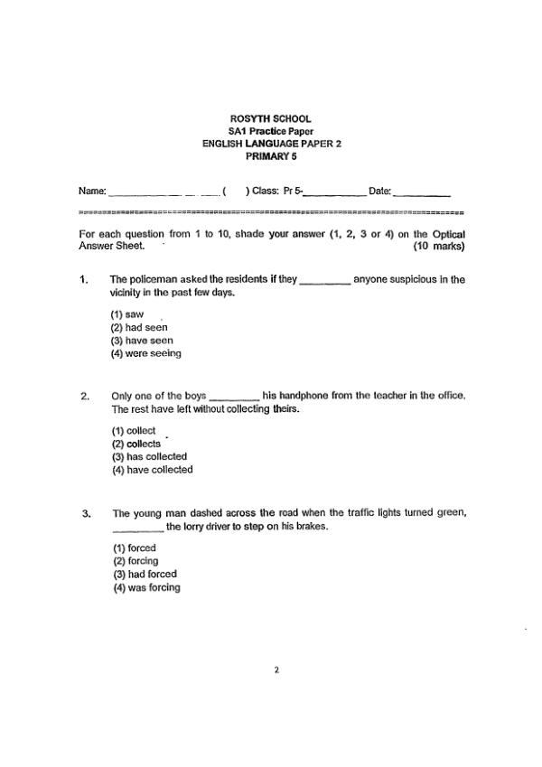 Rosyth P5 Eng WA2 2018 exam paper PDF first page preview