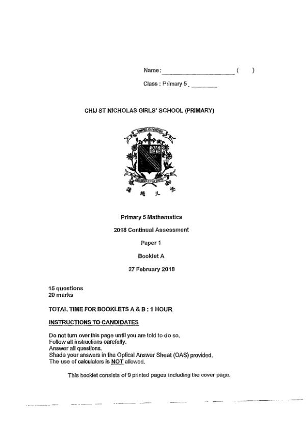 First page preview of P5 Math 2018 WA1 — CHIJ