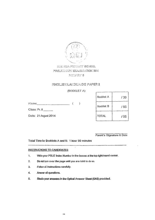 Nan Hua P6 Eng SA2 2014 exam paper PDF first page preview
