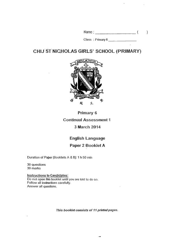 CHIJ P6 Eng WA1 2014 exam paper PDF preview