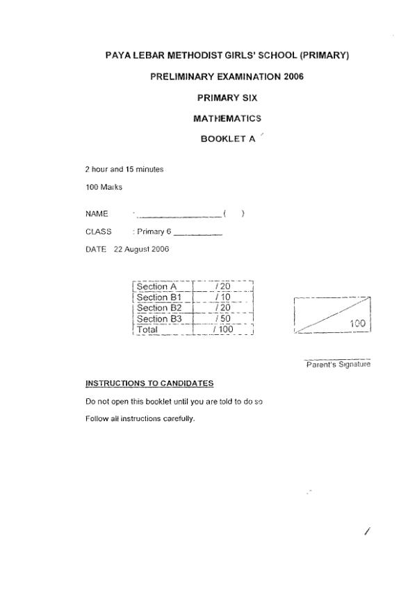 Methodist Girls P6 Math SA2 2006 exam paper PDF first page preview