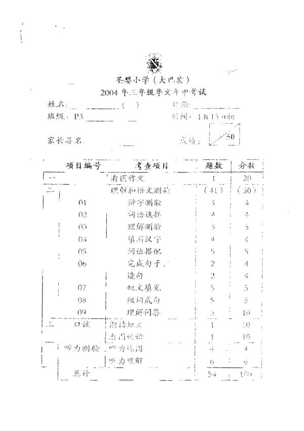 CHIJ P3 Chi WA2 2004 exam paper PDF first page preview