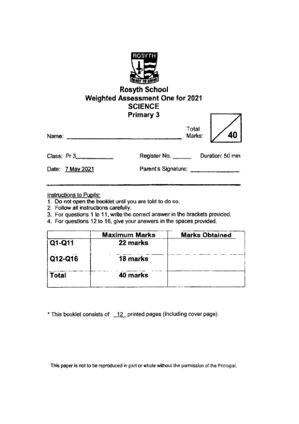 Rosyth P3 Sci WA1 2021 exam paper PDF first page preview