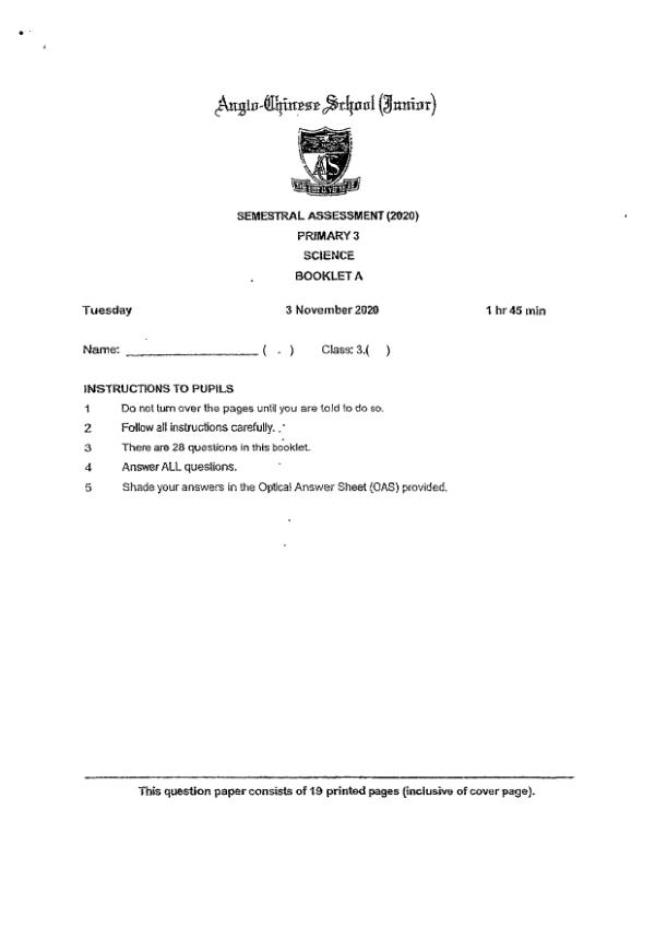 Anglo Chinese P3 Sci SA2 2020 exam paper PDF first page preview