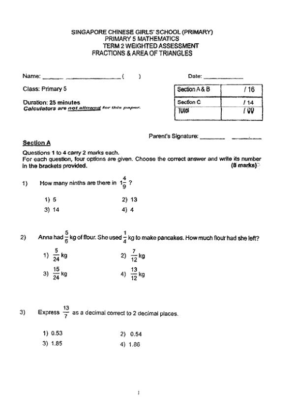 First page preview of P5 Math 2021 WA3 — Singapore Chinese Girls