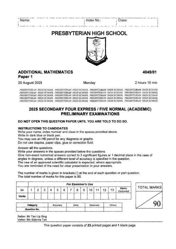 Presbyterian Sec4 A_Maths Prelim 2025 exam paper PDF preview