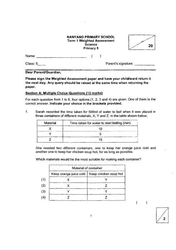 Nanyang P5 Sci WA1 2021 exam paper PDF first page preview