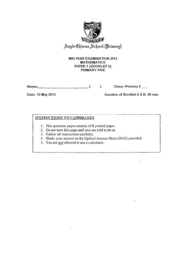 Anglo Chinese P5 Math WA2 2013 exam paper PDF preview