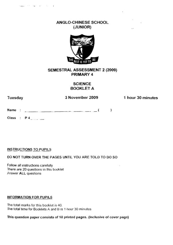 Anglo Chinese P4 Sci SA2 2009 exam paper PDF preview
