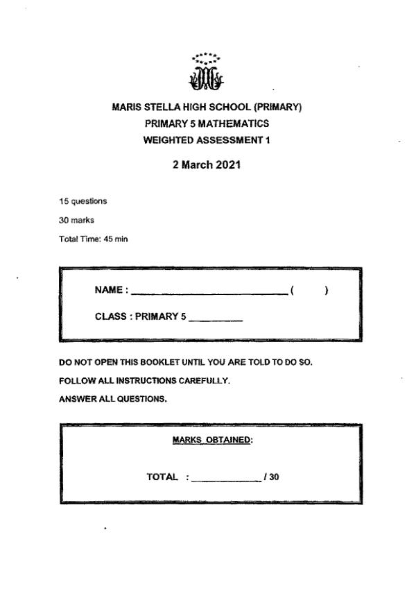 First page preview of P5 Math 2021 WA1 — Maris Stella High