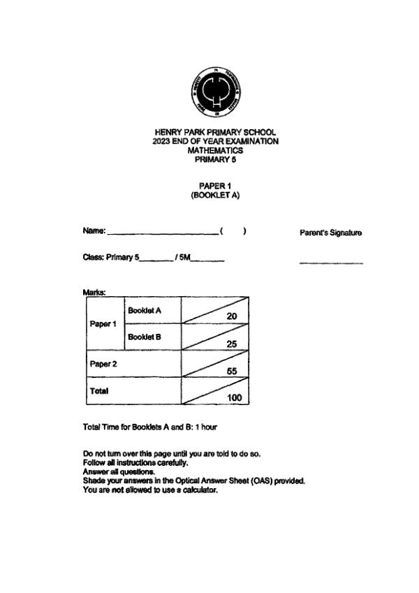 First page preview of P5 Math 2023 SA2 — Henry Park