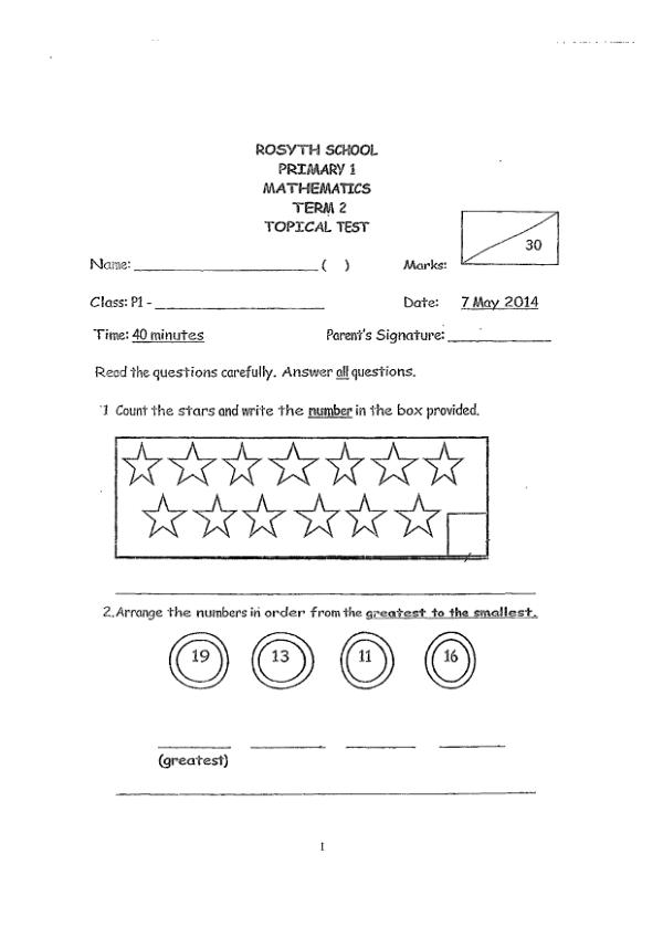 First page preview of P1 Math 2014 WA2 — Rosyth