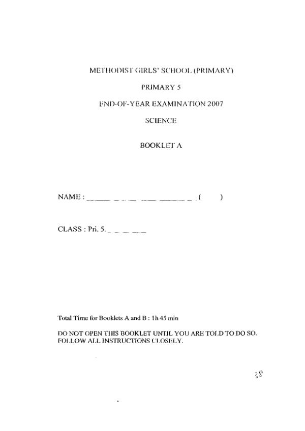 Methodist Girls P5 Sci SA2 2007 exam paper PDF first page preview