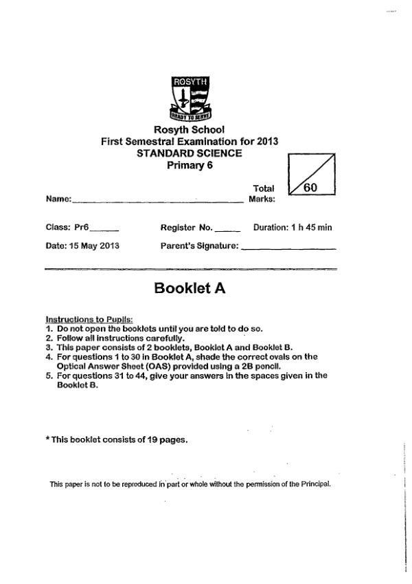 Rosyth P6 Sci WA2 2013 exam paper PDF preview