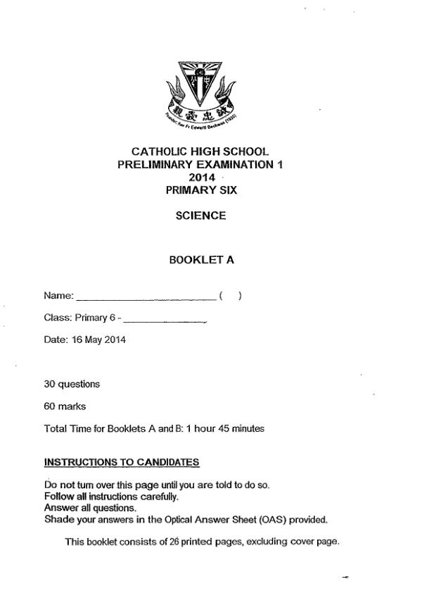 Catholic High P6 Sci WA2 2014 exam paper PDF preview