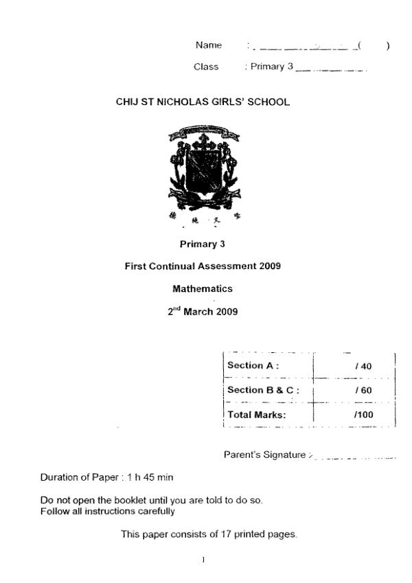 CHIJ P3 Math WA1 2009 exam paper PDF preview