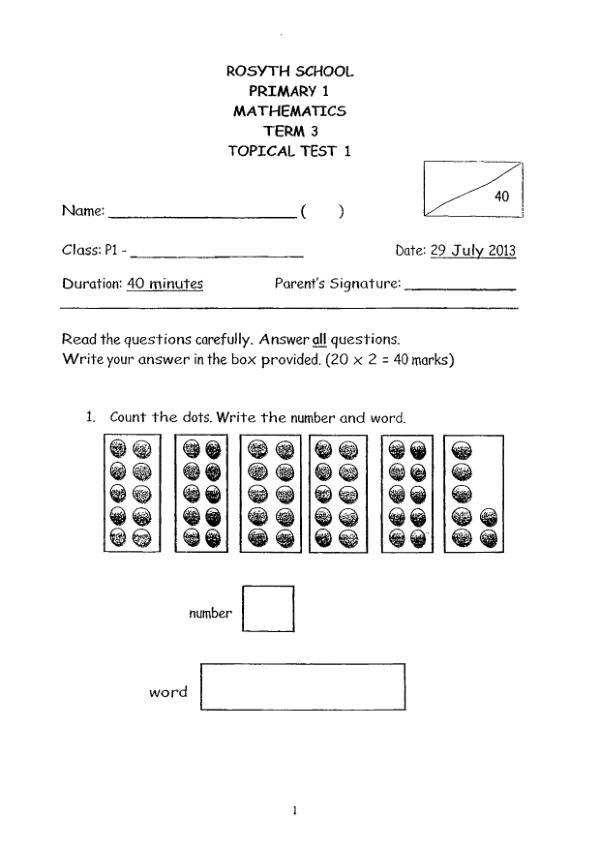 Rosyth P1 Math WA1 2013 exam paper PDF first page preview