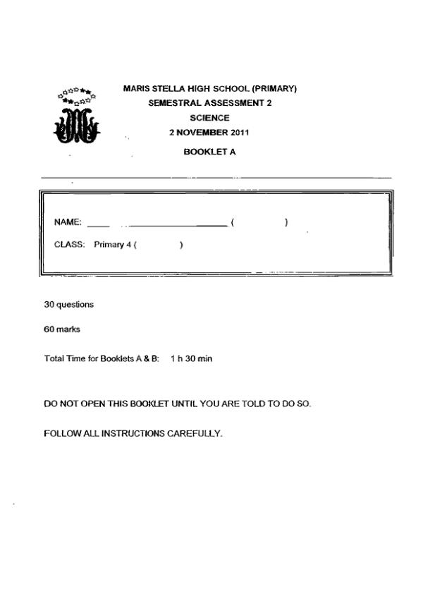 Maris Stella High P4 Sci SA2 2011 exam paper PDF preview