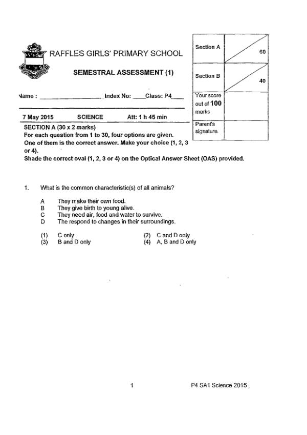 Raffles Girls P4 Sci WA2 2015 exam paper PDF first page preview