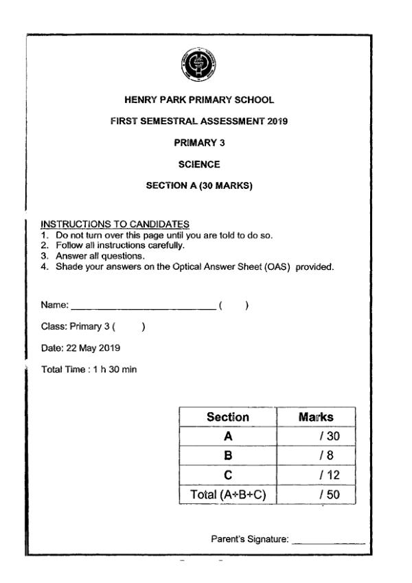 Henry Park P3 Sci WA2 2019 exam paper PDF first page preview
