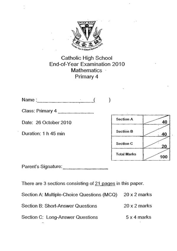 Catholic High P4 Math SA2 2010 exam paper PDF preview