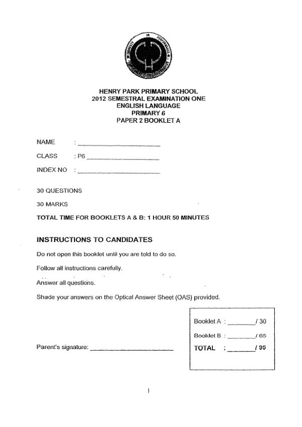 Henry Park P6 Eng WA2 2012 exam paper PDF first page preview