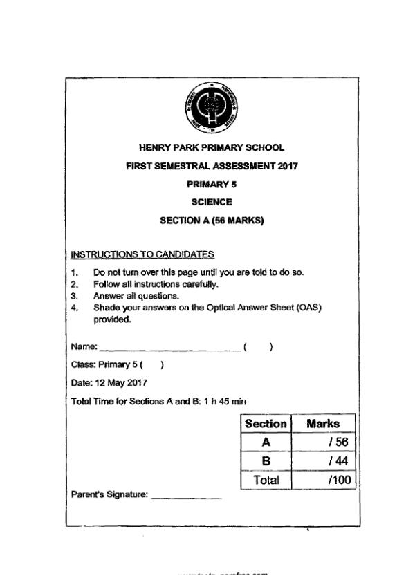 Henry Park P5 Sci WA2 2017 exam paper PDF first page preview