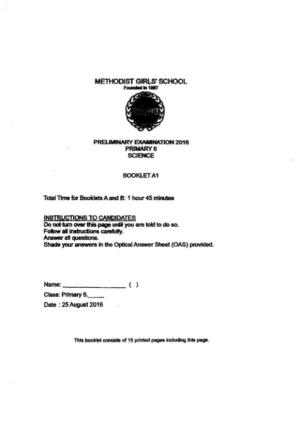 Methodist Girls P6 Sci SA2 2016 exam paper PDF preview