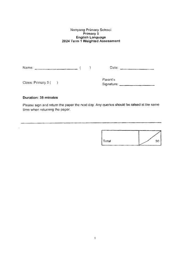 First page preview of P5 Eng 2024 WA1 — Nanyang