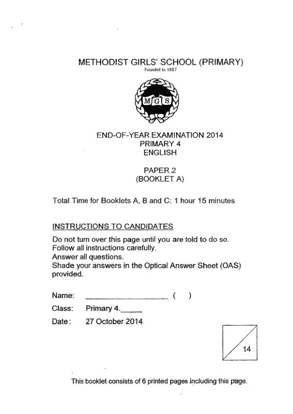 Methodist Girls P4 Eng SA2 2014 exam paper PDF first page preview