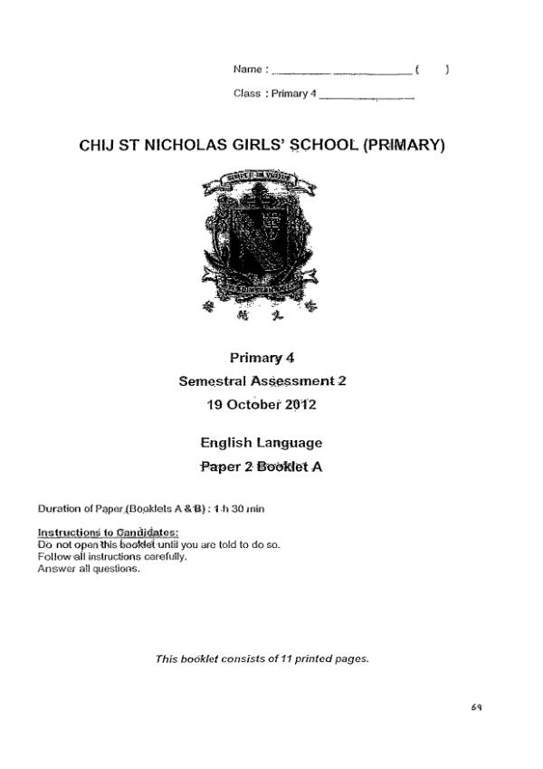 CHIJ P4 Eng SA2 2012 exam paper PDF first page preview