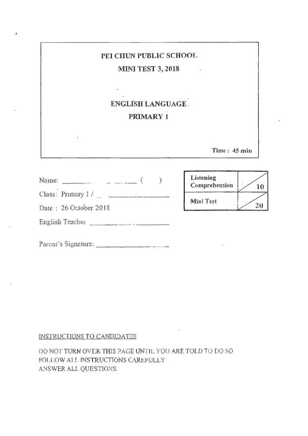 Pei Chun P1 Eng SA2 2018 exam paper PDF first page preview