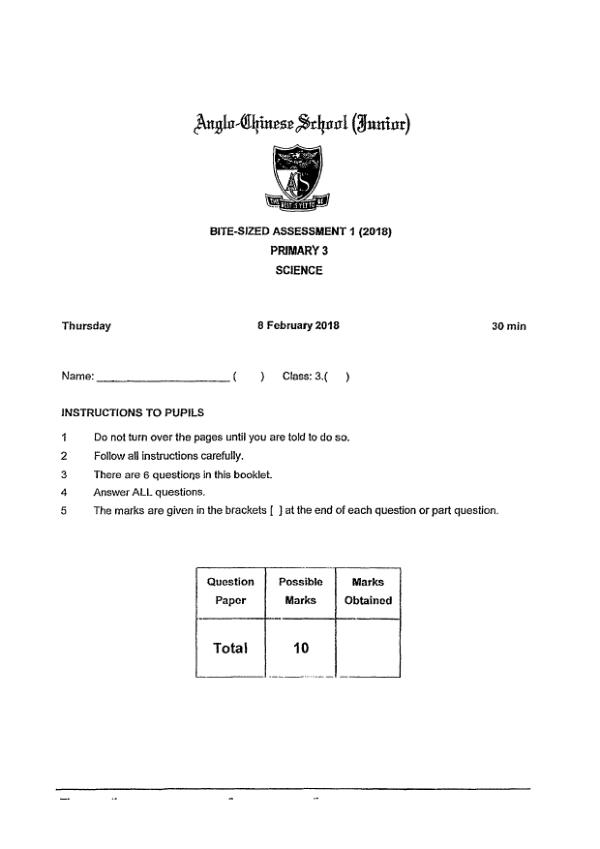 Anglo Chinese P3 Sci WA1 2018 exam paper PDF first page preview
