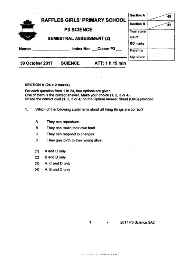 Raffles Girls P3 Sci SA2 2017 exam paper PDF first page preview
