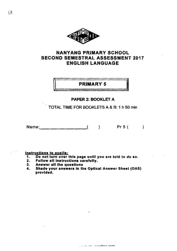 Nanyang P5 Eng SA2 2017 exam paper PDF first page preview