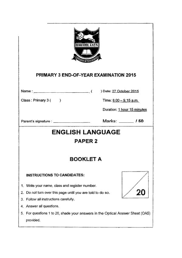 Tao Nan P3 Eng SA2 2015 exam paper PDF preview