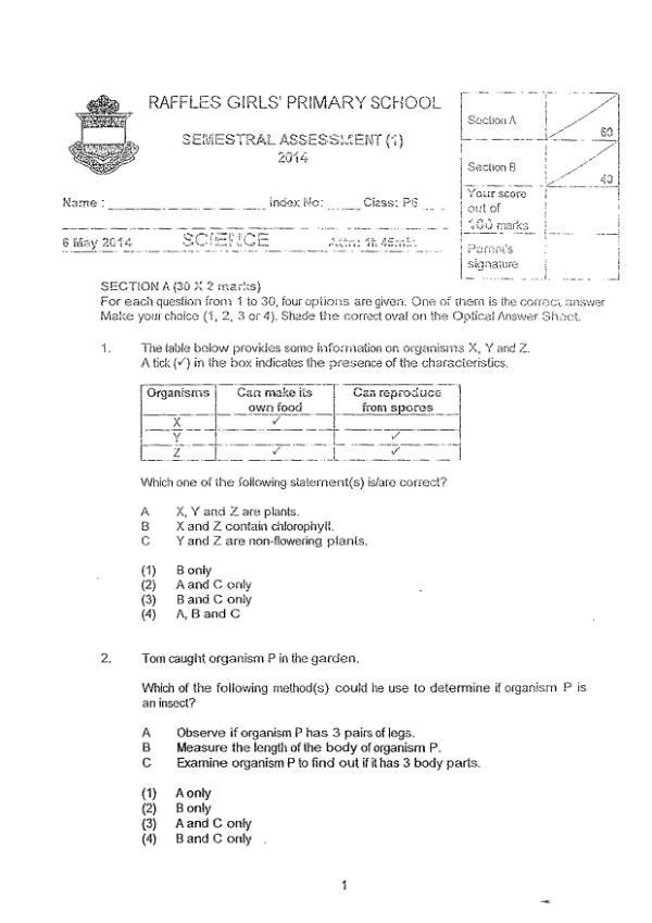 Raffles Girls P6 Sci WA2 2014 exam paper PDF first page preview