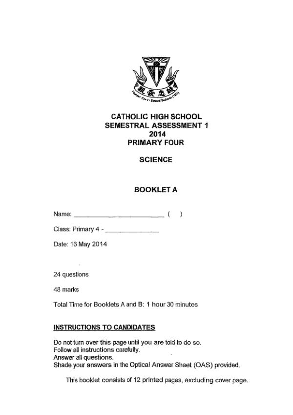Catholic High P4 Sci WA2 2014 exam paper PDF preview