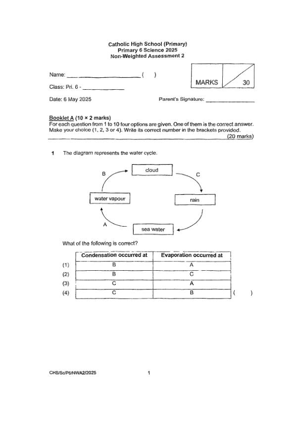 Catholic High P6 Sci WA2 2025 exam paper PDF first page preview