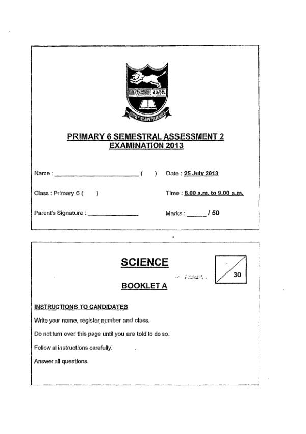 Tao Nan P6 Sci SA2 2013 exam paper PDF preview
