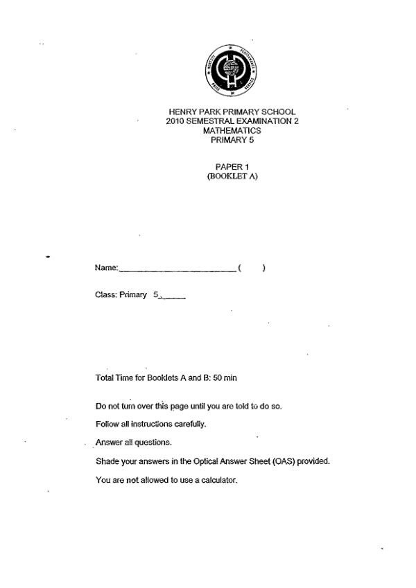 Henry Park P5 Math SA2 2010 exam paper PDF preview