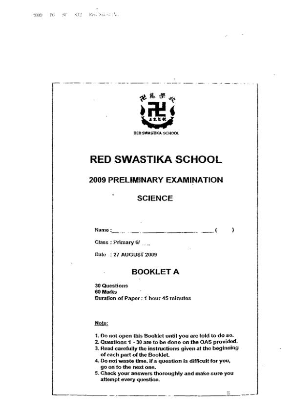 Red Swastika P6 Sci SA2 2009 exam paper PDF first page preview