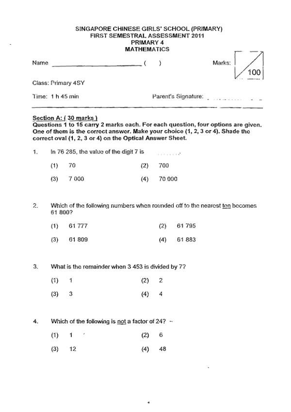 Singapore Chinese Girls P4 Math WA2 2011 exam paper PDF preview